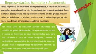 Sendo responsivo aos interesses dos representados, o representante vincula
suas ações à agenda política e às demandas destes grupos (mandato). Como
os efeitos desta postura não repercutem somente em tais grupos, mas em
toda a sociedade ou, no mínimo, nos interesses dos demais grupos sociais,
estes, caso temam ser usurpados, podem a ela reagir.
Representação: Mandato x Autonomia
Por outro lado, ao buscarem atender interesses que
consideram gerais (autonomia), os representantes podem
ir contra os interesses de seus representados que, para
não correrem o risco de serem usurpados, tendem a
deslegitimar suas decisões. Ao procederem desta maneira,
grupos sociais e representados deslegitimam, também, as
instituições nas quais os representantes participam.
 