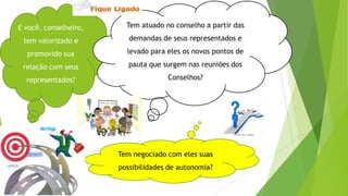E você, conselheiro,
tem valorizado e
promovido sua
relação com seus
representados?
Tem atuado no conselho a partir das
demandas de seus representados e
levado para eles os novos pontos de
pauta que surgem nas reuniões dos
Conselhos?
Tem negociado com eles suas
possibilidades de autonomia?
 