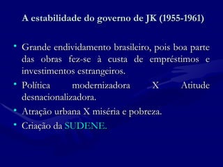 A estabilidade do governo de JK (1955-1961) Grande endividamento brasileiro, pois boa parte das obras fez-se à custa de empréstimos e investimentos estrangeiros. Política modernizadora X Atitude desnacionalizadora. Atração urbana X miséria e pobreza. Criação da  SUDENE. 
