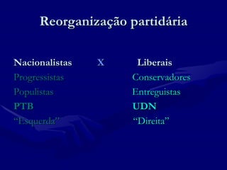 Reorganização partidária Nacionalistas   X  Liberais Progressistas  Conservadores Populistas  Entreguistas PTB   UDN “ Esquerda”  “Direita” 