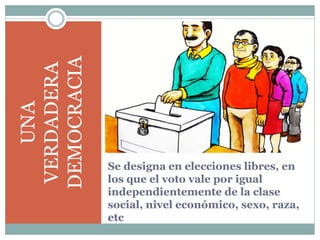 Se designa en elecciones libres, en
los que el voto vale por igual
independientemente de la clase
social, nivel económico, sexo, raza,
etc
UNA
VERDADERA
DEMOCRACIA
 