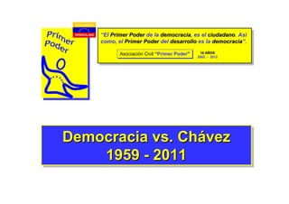 TOTALMENTE


 VENEZOLANO   “El Primer Poder de la democracia, es el ciudadano. Así
                                     democracia        ciudadano
              como, el Primer Poder del desarrollo es la democracia”.
                                                         democracia

                     Asociación Civil “Primer Poder”    10 AÑOS
                                                           AÑ
                     Asociación Civil “Primer Poder”   2002 - 2012




Democracia vs. Chávez
Democracia vs. Chávez
    1959 -- 2011
    1959 2011
 