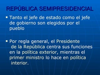 REPÚBLICA SEMIPRESIDENCIAL Tanto el jefe de estado como el jefe de gobierno son elegidos por el pueblo Por regla general, el  Presidente  de la  República  centra sus funciones en la  política  exterior , mientras el  primer   ministro  lo hace en  política  interior . 