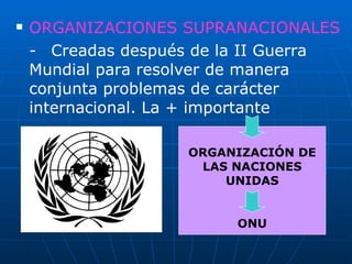 ORGANIZACIONES SUPRANACIONALES - Creadas después de la II Guerra  Mundial para resolver de manera  conjunta problemas de carácter  internacional. La + importante ORGANIZACIÓN DE LAS NACIONES UNIDAS ONU 