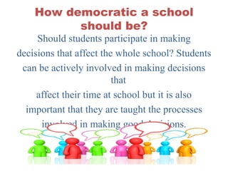 How democratic a school
should be?
Should students participate in making
decisions that affect the whole school? Students
can be actively involved in making decisions
that
affect their time at school but it is also
important that they are taught the processes
involved in making good decisions.
 
