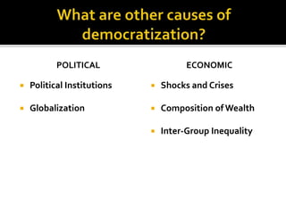 POLITICAL
 Political Institutions
 Globalization
ECONOMIC
 Shocks and Crises
 Composition of Wealth
 Inter-Group Inequality
 