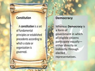 Democracy
Whereas Democracy is
a form of
government in which
all eligible citizens
participate equally—
either directly or
indirectly through
elected
representatives.
 