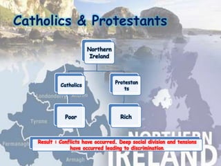 Catholics & Protestants
Northern
Ireland
Catholics
Poor
Protestan
ts
Rich
Result : Conflicts have occurred. Deep social division and tensions
have occurred leading to discrimination.
 