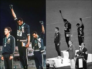 Mexico Olympics: In the
Olympics held at Mexico
City (1968), US athletes
Tommy Smith and John
Carlos received their
medals wearing black
socks and no shoes that
signified Black poverty.
This was the first incident
opposing racial
discrimination and proved
to be an important
landmark in the history of
the Civil Rights Movement
in the United States.
CIVIL RIGHTS
MOVEMENT IN THE
USA:- A set of reform
movements aimed to
abolish legal racial
discrimination against
African-Americans.
THE BLACK POWER:-
The movement which
was a emerged in
1966 and lasted till
1975,advocating even
violence if necessary
to end racism in the
US
 