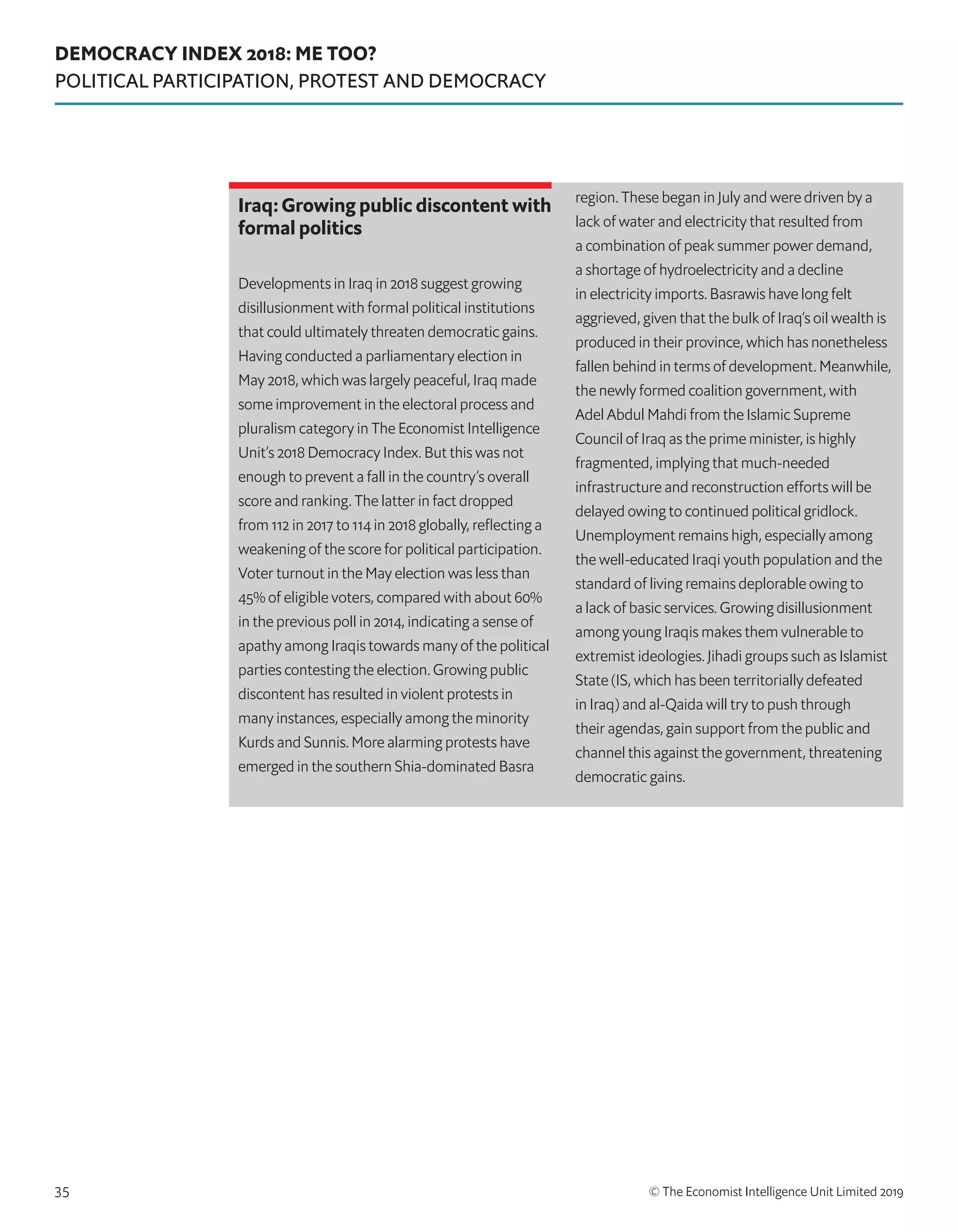 DEMOCRACY INDEX 2018: ME TOO?
POLITICAL PARTICIPATION, PROTEST AND DEMOCRACY
© The Economist Intelligence Unit Limited 201935
Iraq: Growing public discontent with
formal politics
Developments in Iraq in 2018 suggest growing
disillusionment with formal political institutions
that could ultimately threaten democratic gains.
Having conducted a parliamentary election in
May 2018, which was largely peaceful, Iraq made
some improvement in the electoral process and
pluralism category in The Economist Intelligence
Unit’s 2018 Democracy Index. But this was not
enough to prevent a fall in the country’s overall
score and ranking. The latter in fact dropped
from 112 in 2017 to 114 in 2018 globally, reflecting a
weakening of the score for political participation.
Voter turnout in the May election was less than
45% of eligible voters, compared with about 60%
in the previous poll in 2014, indicating a sense of
apathy among Iraqis towards many of the political
parties contesting the election. Growing public
discontent has resulted in violent protests in
many instances, especially among the minority
Kurds and Sunnis. More alarming protests have
emerged in the southern Shia-dominated Basra
region. These began in July and were driven by a
lack of water and electricity that resulted from
a combination of peak summer power demand,
a shortage of hydroelectricity and a decline
in electricity imports. Basrawis have long felt
aggrieved, given that the bulk of Iraq’s oil wealth is
produced in their province, which has nonetheless
fallen behind in terms of development. Meanwhile,
the newly formed coalition government, with
Adel Abdul Mahdi from the Islamic Supreme
Council of Iraq as the prime minister, is highly
fragmented, implying that much-needed
infrastructure and reconstruction efforts will be
delayed owing to continued political gridlock.
Unemployment remains high, especially among
the well-educated Iraqi youth population and the
standard of living remains deplorable owing to
a lack of basic services. Growing disillusionment
among young Iraqis makes them vulnerable to
extremist ideologies. Jihadi groups such as Islamist
State (IS, which has been territorially defeated
in Iraq) and al-Qaida will try to push through
their agendas, gain support from the public and
channel this against the government, threatening
democratic gains.
 