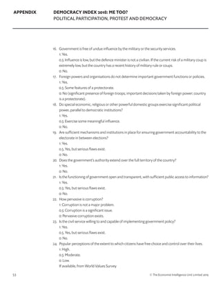 53 © The Economist Intelligence Unit Limited 2019
APPENDIX DEMOCRACY INDEX 2018: ME TOO?
POLITICAL PARTICIPATION, PROTEST AND DEMOCRACY
16. 	 Government is free of undue influence by the military or the security services.
	 1: Yes.
	 0.5: Influence is low, but the defence minister is not a civilian. If the current risk of a military coup is
extremely low, but the country has a recent history of military rule or coups.
	 0: No.
17. 	 Foreign powers and organisations do not determine important government functions or policies.
	 1: Yes.
	 0.5: Some features of a protectorate.
	 0: No (significant presence of foreign troops; important decisions taken by foreign power; country
is a protectorate).
18. 	 Do special economic, religious or other powerful domestic groups exercise significant political
power, parallel to democratic institutions?
	 1: Yes.
	 0.5: Exercise some meaningful influence.
	 0: No.
19. 	 Are sufficient mechanisms and institutions in place for ensuring government accountability to the
electorate in between elections?
	 1: Yes.
	 0.5. Yes, but serious flaws exist.
	 0: No.
20. 	 Does the government’s authority extend over the full territory of the country?
	 1: Yes.
	 0: No.
21. 	 Is the functioning of government open and transparent, with sufficient public access to information?
	 1: Yes.
	 0.5: Yes, but serious flaws exist.
	 0: No.
22. 	 How pervasive is corruption?
	 1: Corruption is not a major problem.
	 0.5: Corruption is a significant issue.
	 0: Pervasive corruption exists.
23. 	 Is the civil service willing to and capable of implementing government policy?
	 1: Yes.
	 0.5. Yes, but serious flaws exist.
	 0: No.
24. 	Popular perceptions of the extent to which citizens have free choice and control over their lives.
	 1: High.
	 0.5: Moderate.
	 0: Low.
	 If available, from World Values Survey
 