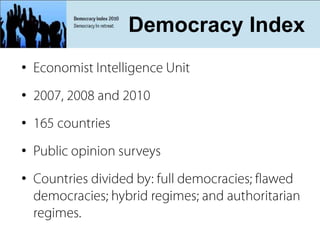 What is Democracy Index?
             Democracy Index
•
•
•
•
•
 