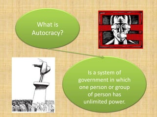 What is
Autocracy?




                Is a system of
             government in which
             one person or group
                of person has
               unlimited power.
 