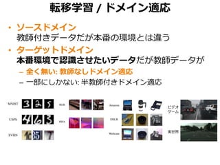 転移学習 / ドメイン適応
• ソースドメイン
教師付きデータだが本番の環境とは違う
• ターゲットドメイン
本番環境で認識させたいデータだが教師データが
– 全く無い: 教師なしドメイン適応
– 一部にしかない: 半教師付きドメイン適応
ビデオ
ゲーム
実世界
 