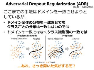 Adversarial Dropout Regularization (ADR)
ここまでの手法はドメインを一致させようと
しているが…
• ドメイン全体の分布を一致させても
クラスごとの分布は一致しないのでは
• ドメインの一致ではなくクラス識別面の一致では
[Saito+, ICLR 2018]
…あれ、さっき聞いた気がするぞ？
 