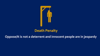 Death Penalty
Oppose/It is not a deterrent and innocent people are in jeopardy
 