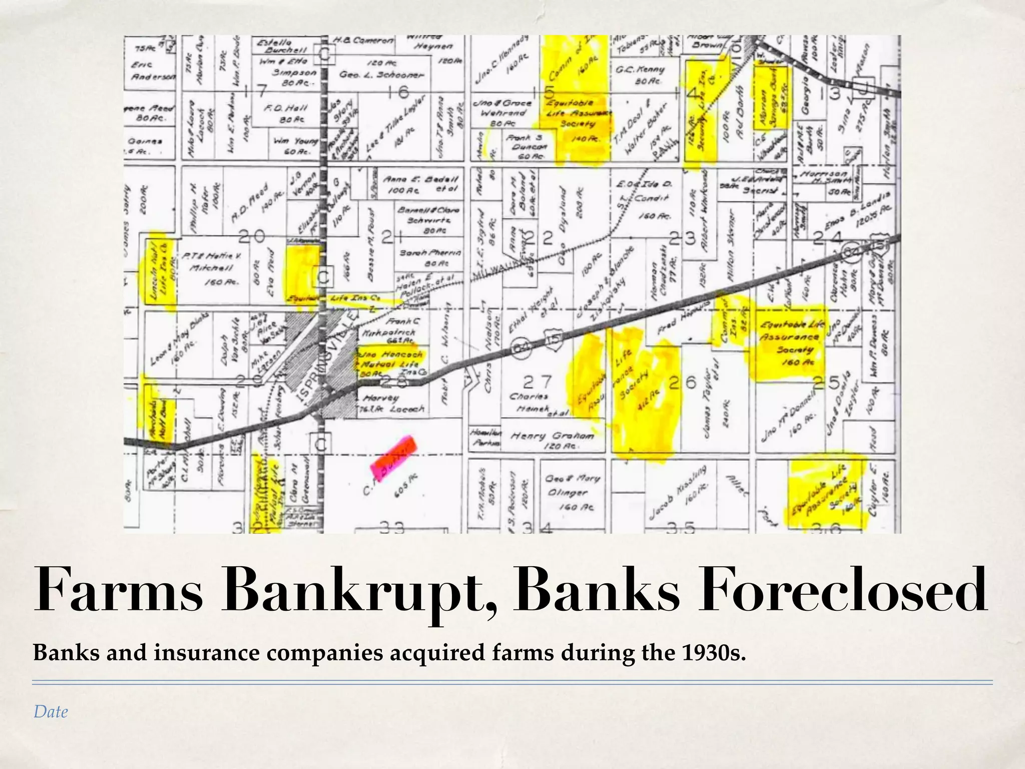 Date
Farms Bankrupt, Banks Foreclosed
Banks and insurance companies acquired farms during the 1930s.
 