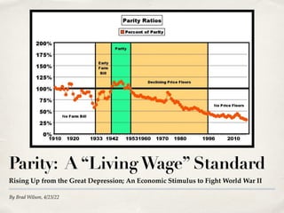 By Brad Wilson, 4/23/22
Parity: A “LivingWage” Standard
Rising Up from the Great Depression; An Economic Stimulus to Fight World War II
 