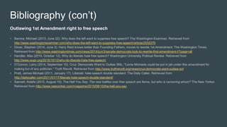 Bibliography (con’t)
Outlawing 1st Amendment right to free speech
• Barone, Michael (2013, June 22). Why does the left want to suppress free speech? The Washington Examiner. Retrieved from
http://www.washingtonexaminer.com/why-does-the-left-want-to-suppress-free-speech/article/2532270
• Dinan, Stephen (2014, June 3). Harry Reid knows better than Founding Fathers, moves to rewrite 1st Amendment. The Washington Times.
Retrieved from http://www.washingtontimes.com/news/2014/jun/3/senate-democrats-look-to-rewrite-first-amendment-i/?page=all
• Handler, Max (2015, October 12). Why do liberals hate free speech? Washington University Political Review. Retrieved from
http://www.wupr.org/2015/10/12/why-do-liberals-hate-free-speech/
• O’Connor, Larry (2014, September 10). Cruz: Democrats Want to Outlaw SNL; "Lorne Michaels could be put in jail under this amendment for
making fun of any politician." Truth Revolt. Retrieved from http://www.truthrevolt.org/news/cruz-democrats-want-outlaw-snl
• Pratt, James Michael (2011, January 17). Liberals’ hate-speech double standard. The Daily Caller. Retrieved from
http://dailycaller.com/2011/01/17/liberals-hate-speech-double-standard/
• Sanneh, Kelefa (2015, August 10). The Hell You Say: The new battles over free speech are fierce, but who is censoring whom? The New Yorker.
Retrieved from http://www.newyorker.com/magazine/2015/08/10/the-hell-you-say
 