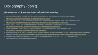 Bibliography (con’t)
Outlawing the 1st Amendment right to freedom of assembly
• Crowder, Steven (2015, June 26). Top 10 Things Liberals Want To Ban. Western Journalism. Retrieved from
http://www.westernjournalism.com/top-10-things-liberals-want-to-ban/
• Cruz, Ted (2014, June 1). The Democratic Assault on the First Amendment. The Wall Street Journal. Retrieved from
http://www.wsj.com/articles/ted-cruz-the-democratic-assault-on-the-first-amendment-1401662112
• Inazu, John D. (2010). The Forgotten Freedom of Assembly. Washington University Law. PDF. Retrieved from
http://law.wustl.edu/faculty_profiles/documents/inazu/ForgottenFreedomAssembly.pdf
• Jeffrey, Terrence P. (2012, April 19). Pelosi: Amend the First Amendment. CNS News. Retrieved from
http://cnsnews.com/news/article/pelosi-amend-first-amendment
• Mataconis, Doug (2014, May 6). Virginia County Considers Banning People From Meeting In Their Own Homes. Outside the Beltway.
Retrieved from http://www.outsidethebeltway.com/virginia-county-considers-banning-people-from-meeting-in-their-own-homes/
• Stanford Encyclopedia of Philosophy (2002, Nov 29; substantive revision 2012, Jul 1). 1, 2.1, 3.1. Retrieved from
http://plato.stanford.edu/entries/freedom-speech/
 