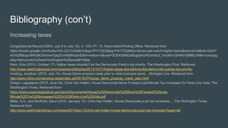 Bibliography (con’t)
Increasing taxes
Congressional Record (2003, July 8 to July 16). V. 149, PT. 13. Goernment Printing Office. Retrieved from
https://books.google.com/books?id=JJC7zJ5o8ioC&pg=PA17522&lpg=PA17522&dq=democrats+want+higher+taxes&source=bl&ots=6ybrY
AO4QR&sig=8rRJMCKihmwTpipZVvRe8RnpInE&hl=en&sa=X&ved=0CE4Q6AEwBzgeahUKEwin6c2_0srIAhVJdh4KHZMMCXM#v=onepag
e&q=democrats%20want%20higher%20taxes&f=false
Klein, Ezra (2013, October 17). Higher taxes shouldn’t be the Democratic Party’s top priority. The Washington Post. Retrieved
http://www.washingtonpost.com/news/wonkblog/wp/2013/10/17/higher-taxes-shouldnt-be-the-democratic-partys-top-priority/
Oosting, Jonathan (2015, July 14). House Dems propose roads plan to raise business taxes... Michigan Live. Retrieved from
http://www.mlive.com/lansing-news/index.ssf/2015/07/house_dems_propose_roads_plan.html
Oregon Legislature (2015, June 25). Chris Van Hollen, House Democrats Move Forward Last-Minute Tax Increases On Party-Line Vote. The
Washington Times. Retrieved from
https://www.oregonlegislature.gov/davis/Documents/House%20Democrats%20Move%20Forward%20Last-
Minute%20Tax%20Increases%20On%20Party-Line%20Vote.pdf
Miller, S.A., and Serfinski, Davd (2015, January 12). Chris Van Hollen, House Democrats push tax increases ... The Wshington Times.
Retrieved from
http://www.washingtontimes.com/news/2015/jan/12/chris-van-hollen-house-democrats-push-tax-increase/?page=all
 