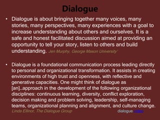 Debate Dialogue
Unwavering commitment to one’s own
views and ideas
Open to hearing and understanding other
perspectives
Tr...