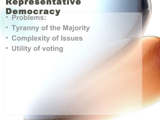 Representative Democracy Problems: Tyranny of the Majority Complexity of Issues Utility of voting 