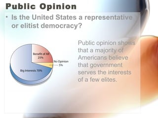 Public Opinion  Is the United States a representative or elitist democracy? Public opinion shows that a majority of Americans believe that government serves the interests of a few elites. 