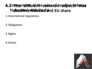 4. Comparision of the rules of Josefina Aldecoa
4.1 The different common aspects that
highschool with the EU EU share
Josefina Aldecoa and
1. International regulations
2. Obligations
3. Rights
4. Duties

 