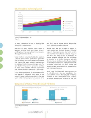cognizant 20-20 insights 4
$0
$10,000
$20,000
$30,000
$40,000
$50,000
$60,000
$70,000
$80,000
$90,000
2011 2012 2013 2014 2015 2016
($M)
Social media
E-mail marketing
Mobile marketing
Display advertising
Search marketing
as many commercials as on TV, although the
hypothesis is still unproven.
One-third of heavy Internet users admit to
regularly pirating music and video content,13
pointing toward a gaping hole in monetization
strategy for online content.
Social media is not untouched by this problem.
Although major online giants have generated
ever-increasing amounts of advertising revenue
over the last few years, growth is mainly driven
by additional content consumption per user. The
rate of advertising revenue generation per hour
on major online sites has not risen significantly
over the last few years (see Figure 5, next page).14
Social media penetration of developed markets
has reached a saturation point. Most of the
growth in social media consumption in the near
future will be in emerging markets, such as Africa
and Asia, and on mobile devices, which offer
much lower monetization potential.
Mobile users are less inclined to absorb, or
even tolerate, ads on their devices. The chief
reason is the smaller screen size, which renders
non-essential information a nuisance. They are
also much less likely to click on hyperlinks on
mobile. Revenue potential per user on mobile
is expected to be limited compared with ads
delivered to personal computers. Facebook’s and
Twitter’s Sponsored Stories and Promoted Tweets
strategies, respectively, are more subtle than
display ads, and are believed to be more effective
with mobile device users.
While these strategies have been successful to
an extent, there is a long way to go before they
can match the returns offered by ads on PCs. For
example, in 2012, more people used Facebook
on mobile devices than on PCs for the first
$709
$46
$125
Print Online
Newspaper value per reader per year
Consumer Paid Advertising Advertising
$560
$170
Broadcast TV Online
Broadcast TV value per thousand
viewers per episode
Source: Beyond Content
Figure 4
Comparison of Value: Print, Broadcast TV, Online
Source: Forrester Research, Inc.
Figure 3
U.S. Interactive Marketing Spend
 