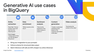 Google Cloud Next Proprietary
Generative AI use cases
in BigQuery
Entity
extraction
From Text: “Extract
product name and
size from the
following text”
From Images:
“Output parts of the
car with damage in
this picture”
Data
enrichment
“Which country is this
city in”
Sentiment
analysis
“Give me the
sentiment of the
online reviews in
column x”
Content
generation
“Create a customized
marketing email
based on the
customer information
in BQ table “
Video analysis
“Summarize the
content of the video”
● Bring your imagination to your prompts!
● Enforce schema for structured data output
● Batch inference LLM calls are 50% cheaper (vs online inference)
Gemini Model Pricing
 