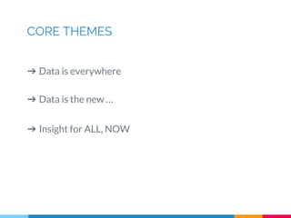 CORE THEMES
➔ Data is everywhere
➔ Data is the new …
➔ Insight for ALL, NOW
 