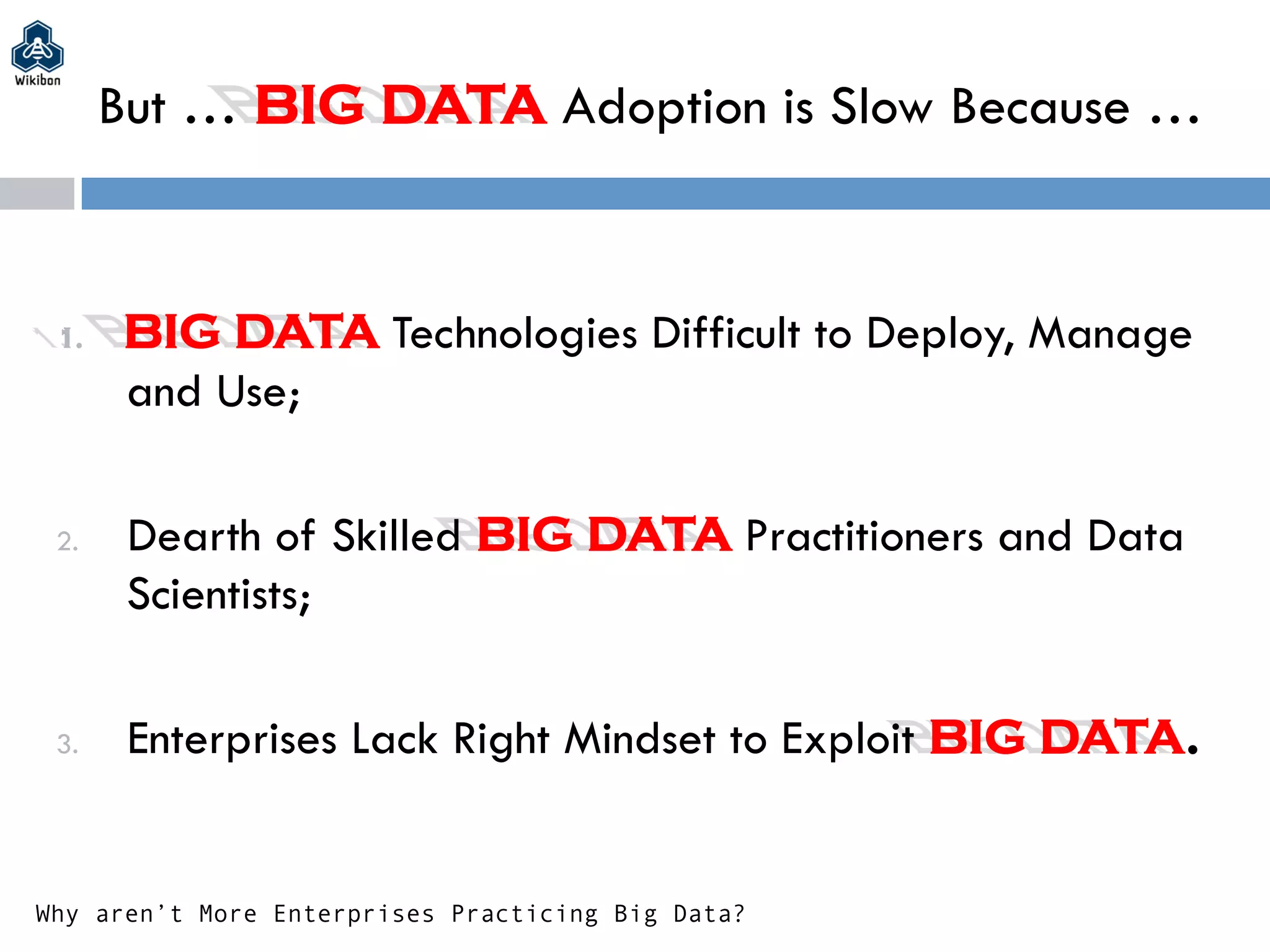 But … BIG DATA Adoption is Slow Because …
1.  BIG DATA Technologies Difficult to Deploy, Manage
and Use;
2.  Dearth of Skilled BIG DATA Practitioners and Data
Scientists;
3.  Enterprises Lack Right Mindset to Exploit BIG DATA.
Why aren’t More Enterprises Practicing Big Data?
 