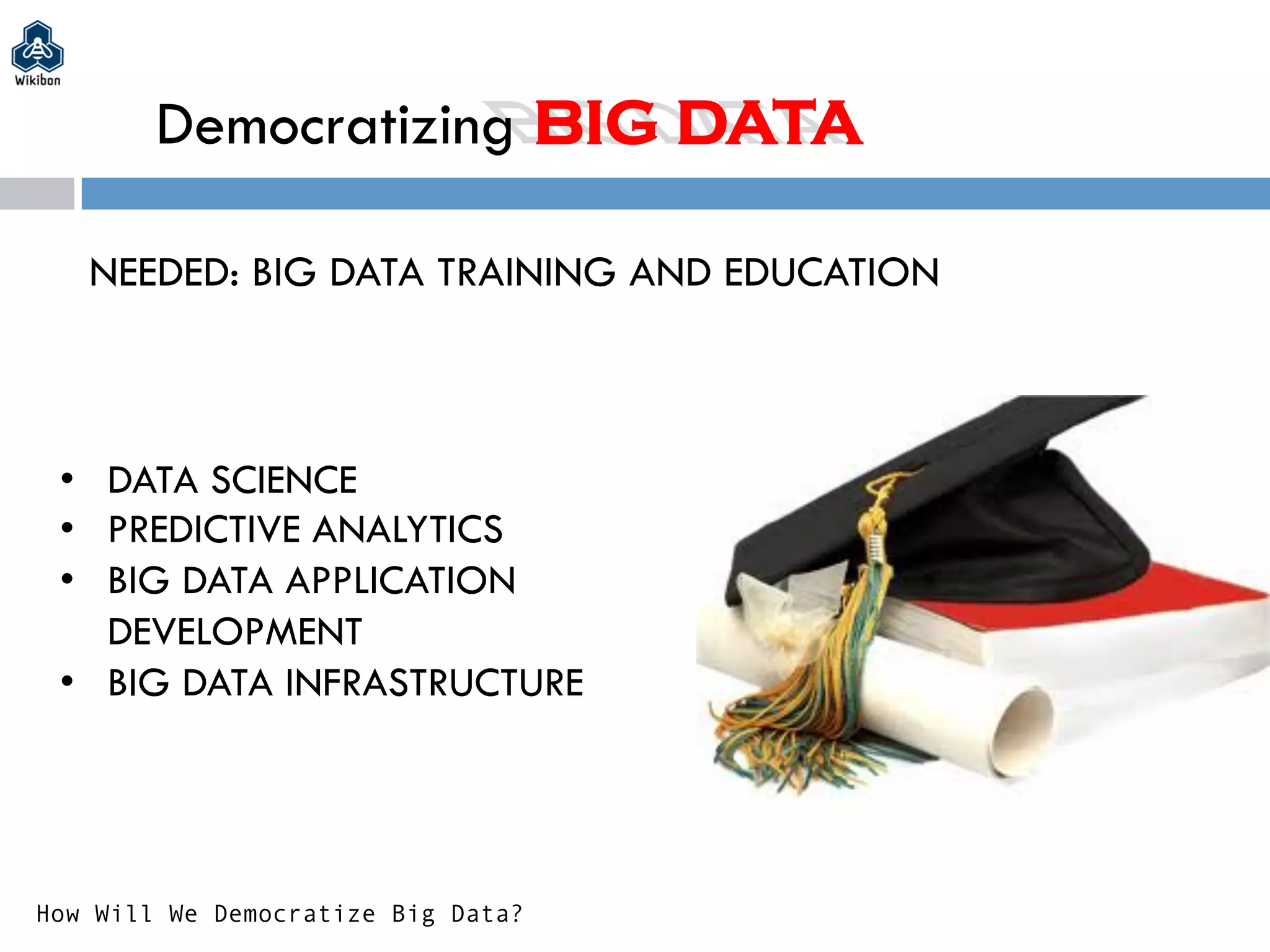 NEEDED: BIG DATA TRAINING AND EDUCATION
How Will We Democratize Big Data?
•  DATA SCIENCE
•  PREDICTIVE ANALYTICS
•  BIG DATA APPLICATION
DEVELOPMENT
•  BIG DATA INFRASTRUCTURE
Democratizing BIG DATA
 