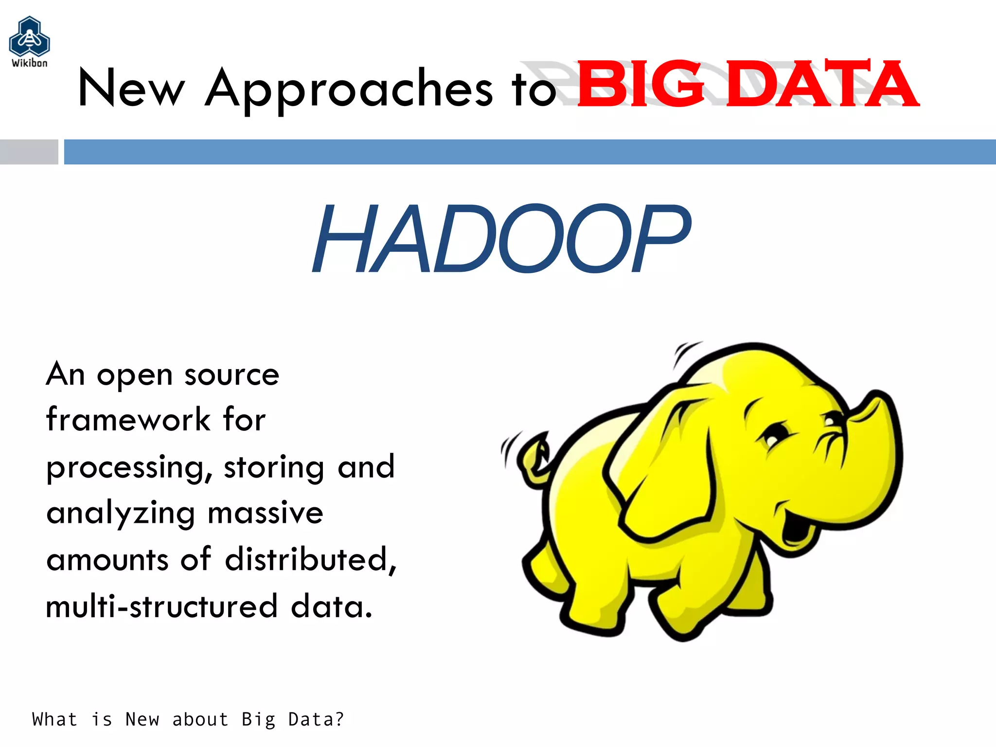 New Approaches to BIG DATA
An open source
framework for
processing, storing and
analyzing massive
amounts of distributed,
multi-structured data.
What is New about Big Data?
HADOOP
 