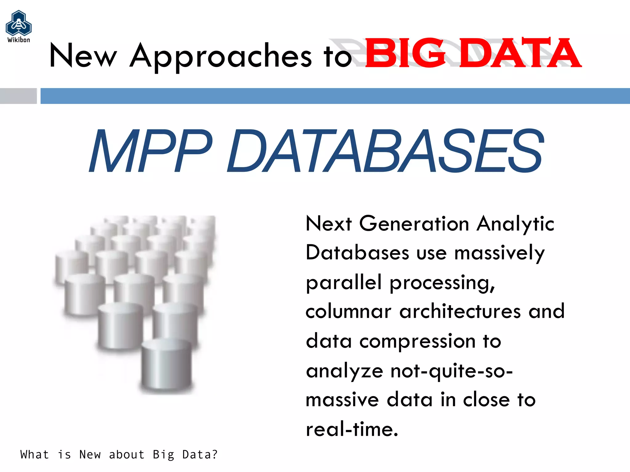 Next Generation Analytic
Databases use massively
parallel processing,
columnar architectures and
data compression to
analyze not-quite-so-
massive data in close to
real-time.
What is New about Big Data?
MPP DATABASES
New Approaches to BIG DATA
 