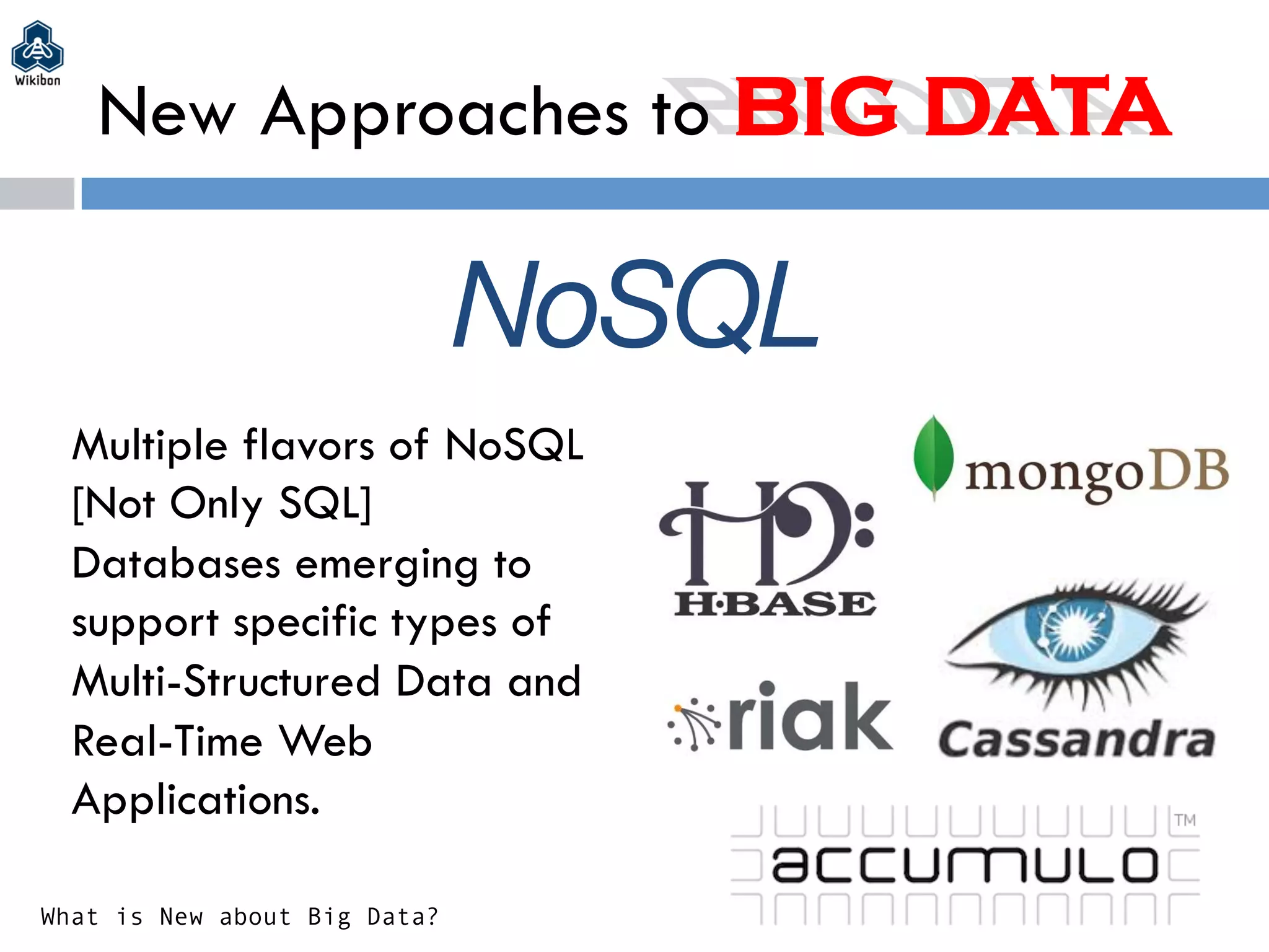 Multiple flavors of NoSQL
[Not Only SQL]
Databases emerging to
support specific types of
Multi-Structured Data and
Real-Time Web
Applications.
What is New about Big Data?
New Approaches to BIG DATA
NoSQL
 