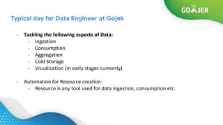 Typical day for Data Engineer at Gojek
- Tackling the following aspects of Data:
- Ingestion
- Consumption
- Aggregation
-...