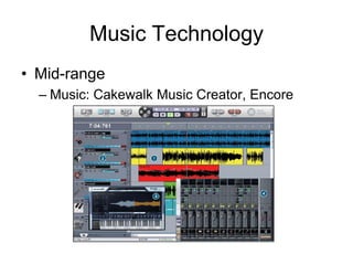 Music Technology
• Mid-range
  – Music: Cakewalk Music Creator, Encore
 