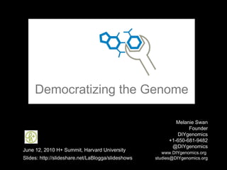 Democratizing the Genome Melanie Swan  Founder DIYgenomics +1-650-681-9482 @DIYgenomics   www.DIYgenomics.org   [email_address] June 12, 2010 H+ Summit, Harvard University Slides: http://slideshare.net/LaBlogga/slideshows 