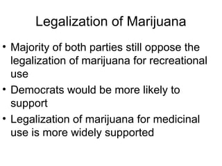 Legalization of Marijuana
• Majority of both parties still oppose the
legalization of marijuana for recreational
use
• Democrats would be more likely to
support
• Legalization of marijuana for medicinal
use is more widely supported
 