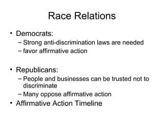 Race Relations
• Democrats:
– Strong anti-discrimination laws are needed
– favor affirmative action
• Republicans:
– People and businesses can be trusted not to
discriminate
– Many oppose affirmative action
• Affirmative Action Timeline
 