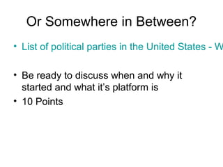 Or Somewhere in Between?
• List of political parties in the United States - W
• Be ready to discuss when and why it
started and what it’s platform is
• 10 Points
 