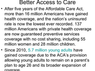 Better Access to Care
• After five years of the Affordable Care Act,
more than 16 million Americans have gained
health coverage, and the nation’s uninsured
rate is now the lowest ever recorded. 137
million Americans with private health coverage
are now guaranteed preventive services
coverage with no cost sharing, including 55
million women and 28 million children.
• Since 2010, 5.7 million young adults have
gained coverage due to the ACA’s provision
allowing young adults to remain on a parent’s
plan to age 26 and its broader expansion of
 