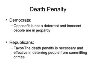 Death Penalty
• Democrats:
– Oppose/It is not a deterrent and innocent
people are in jeopardy
• Republicans:
– Favor/The death penalty is necessary and
effective in deterring people from committing
crimes
 