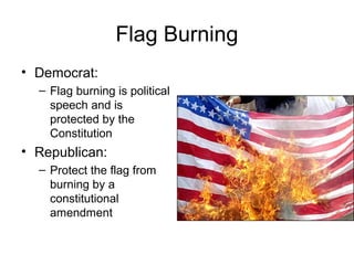 Flag Burning
• Democrat:
– Flag burning is political
speech and is
protected by the
Constitution
• Republican:
– Protect the flag from
burning by a
constitutional
amendment
 