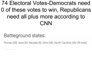 74 Electoral Votes-Democrats need
0 of these votes to win, Republicans
need all plus more according to
CNN
 