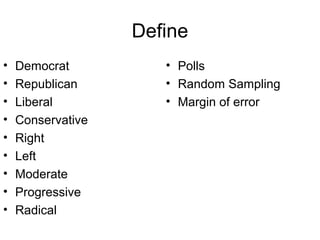 Define
• Democrat
• Republican
• Liberal
• Conservative
• Right
• Left
• Moderate
• Progressive
• Radical
• Polls
• Random Sampling
• Margin of error
 