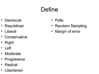 Define
• Democrat
• Republican
• Liberal
• Conservative
• Right
• Left
• Moderate
• Progressive
• Radical
• Libertarian
• Polls
• Random Sampling
• Margin of error
 