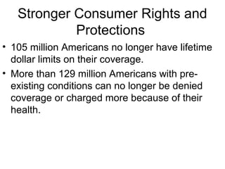 Stronger Consumer Rights and
Protections
• 105 million Americans no longer have lifetime
dollar limits on their coverage.
• More than 129 million Americans with pre-
existing conditions can no longer be denied
coverage or charged more because of their
health.
 